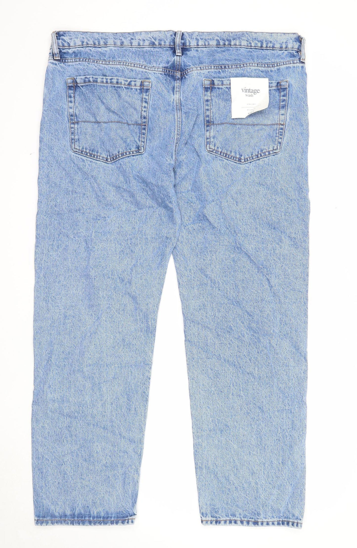Marks and Spencer Mens Blue Cotton Straight Jeans Size 42 in L31 in Regular Zip - Vintage Wash