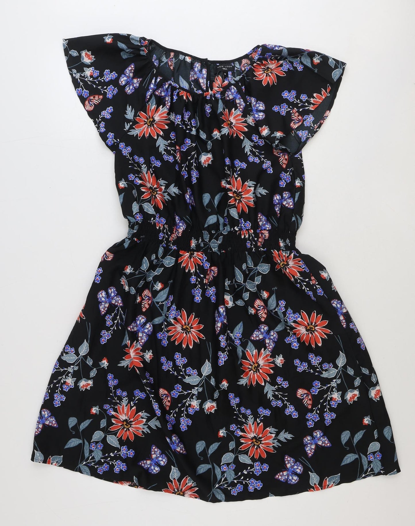 New Look Womens Black Floral Polyester Fit & Flare Size 14 Round Neck Pullover