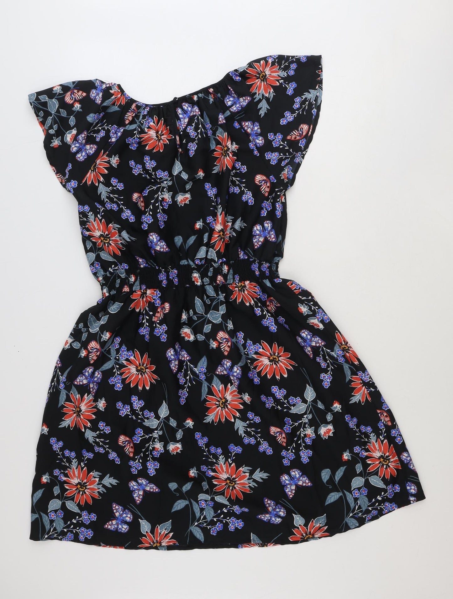 New Look Womens Black Floral Polyester Fit & Flare Size 14 Round Neck Pullover