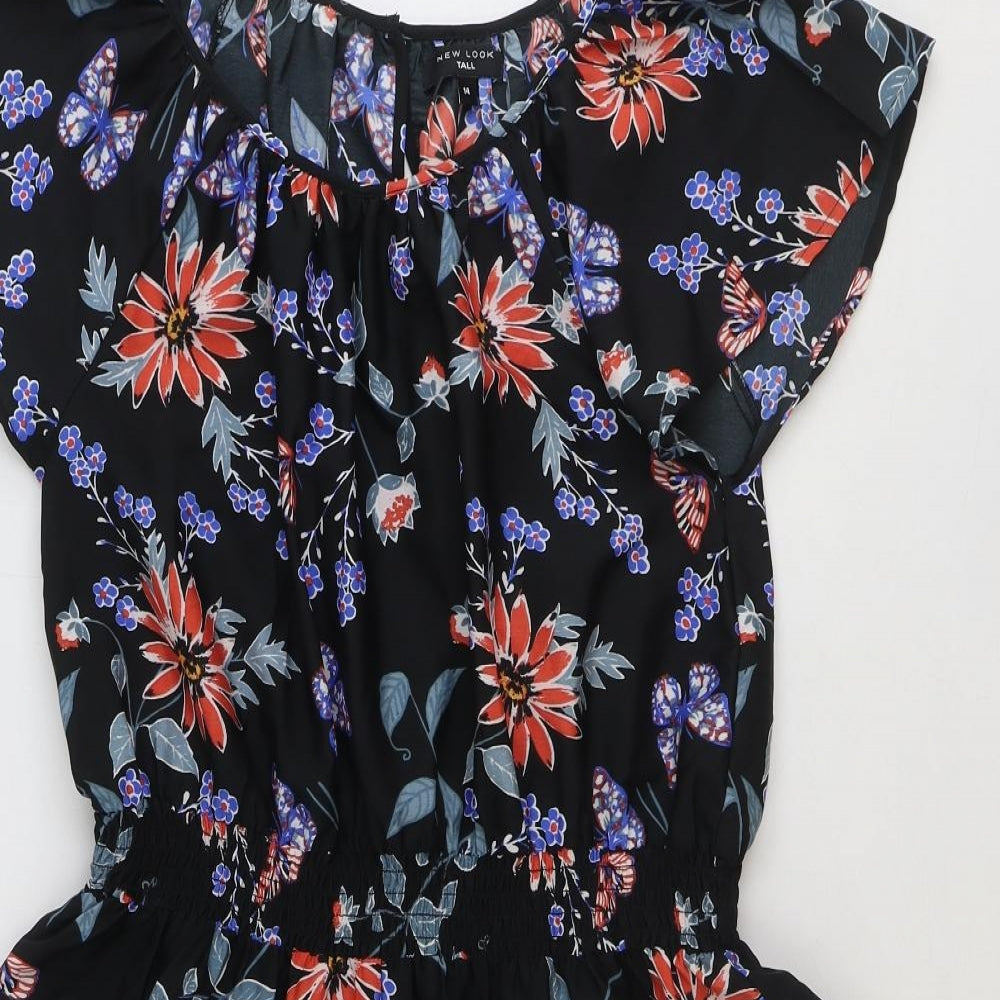 New Look Womens Black Floral Polyester Fit & Flare Size 14 Round Neck Pullover