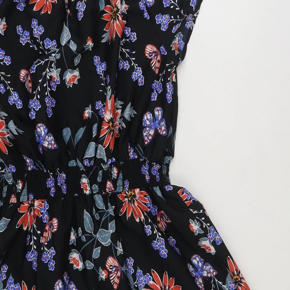 New Look Womens Black Floral Polyester Fit & Flare Size 14 Round Neck Pullover