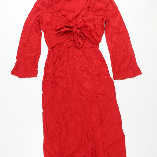 Topshop Womens Red Polyester Fit & Flare Size 10 V-Neck Tie