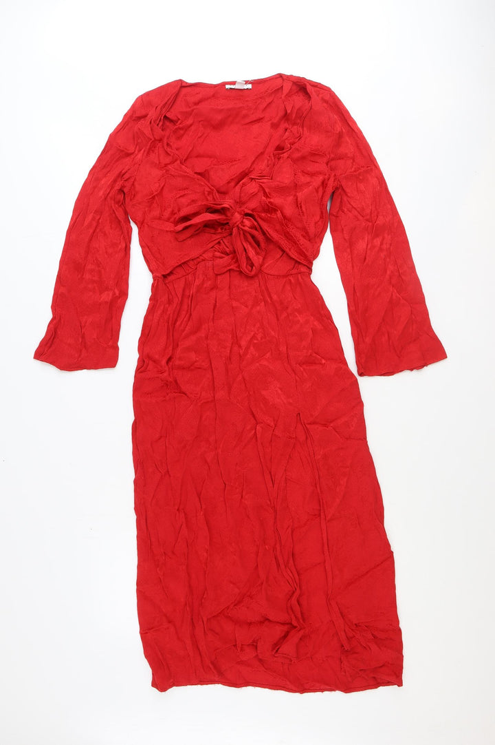 Topshop Womens Red Polyester Fit & Flare Size 10 V-Neck Tie