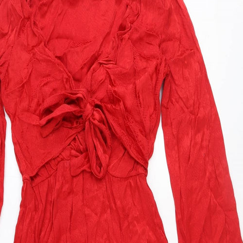Topshop Womens Red Polyester Fit & Flare Size 10 V-Neck Tie