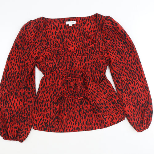 Topshop Womens Red Animal Print Viscose Basic Blouse Size 10 Sweetheart - Leopard Print