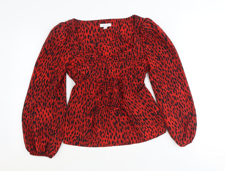 Topshop Womens Red Animal Print Viscose Basic Blouse Size 10 Sweetheart - Leopard Print