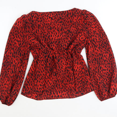 Topshop Womens Red Animal Print Viscose Basic Blouse Size 10 Sweetheart - Leopard Print