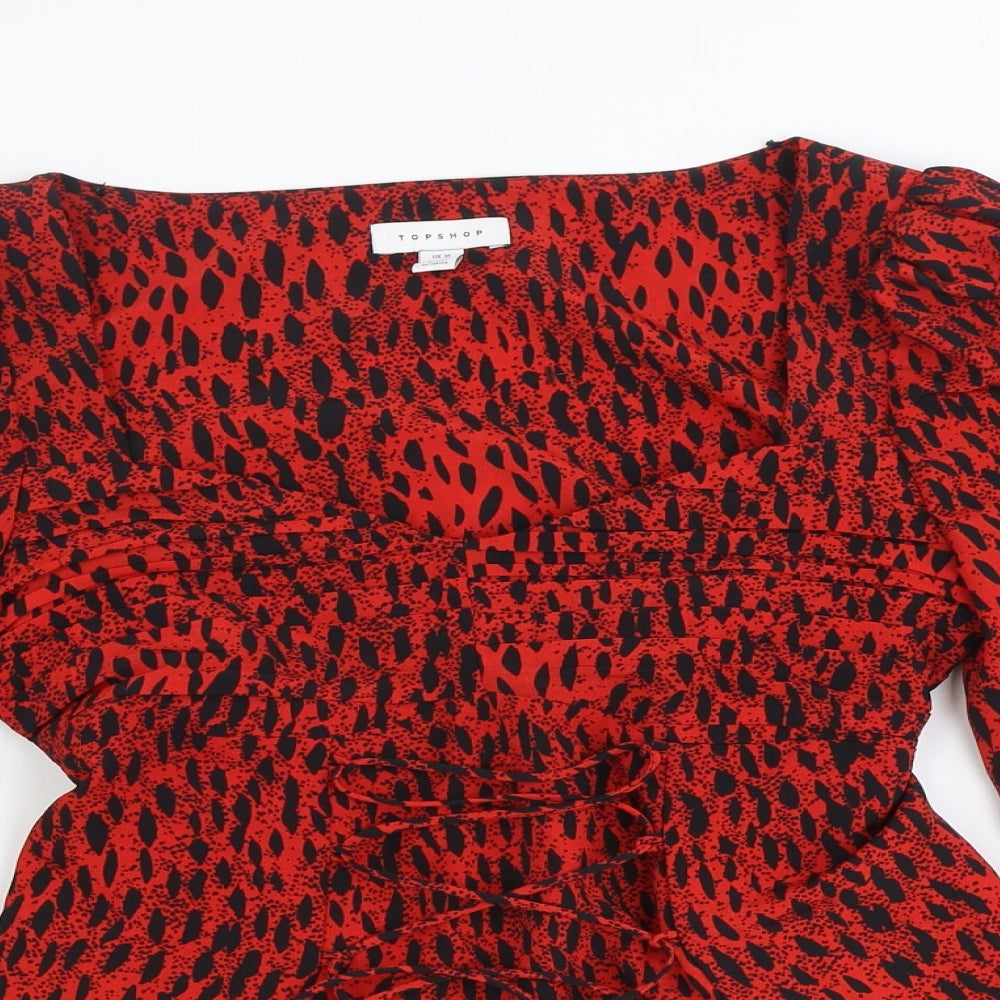 Topshop Womens Red Animal Print Viscose Basic Blouse Size 10 Sweetheart - Leopard Print