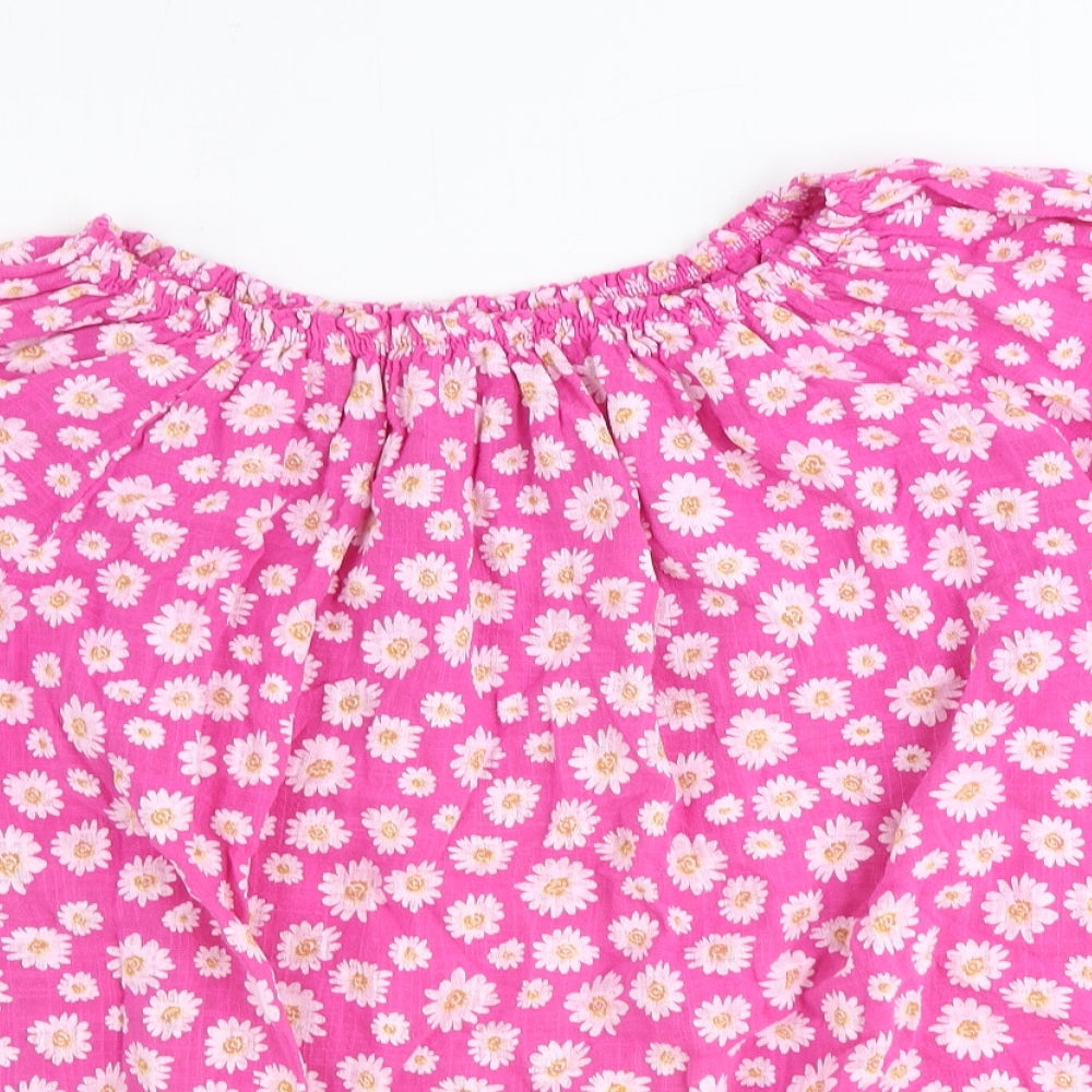 Moda Womens Pink Floral Cotton Basic Blouse Size 6 Round Neck