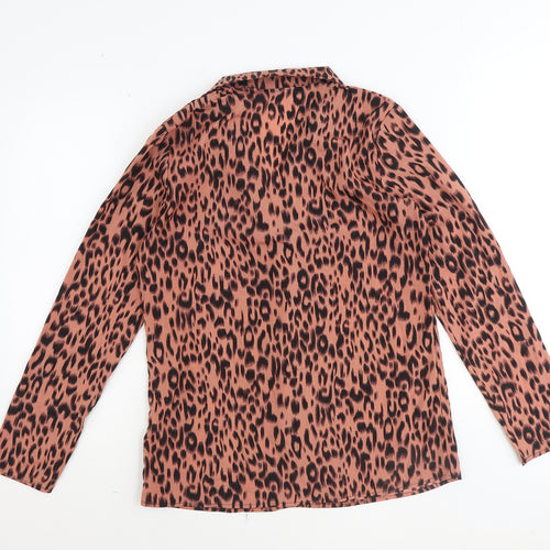 Preworn Womens Brown Animal Print Polyester Basic Button-Up Size L Collared - Leopard print
