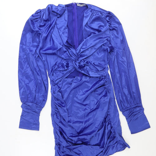 Glamaker Womens Blue Polyester Shirt Dress Size M V-Neck Zip