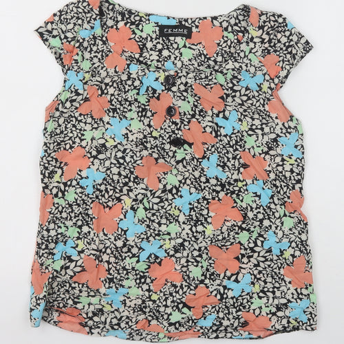 Femme Womens Multicoloured Geometric 100% Cotton Basic Blouse Size 12 Round Neck - Butterfly Print