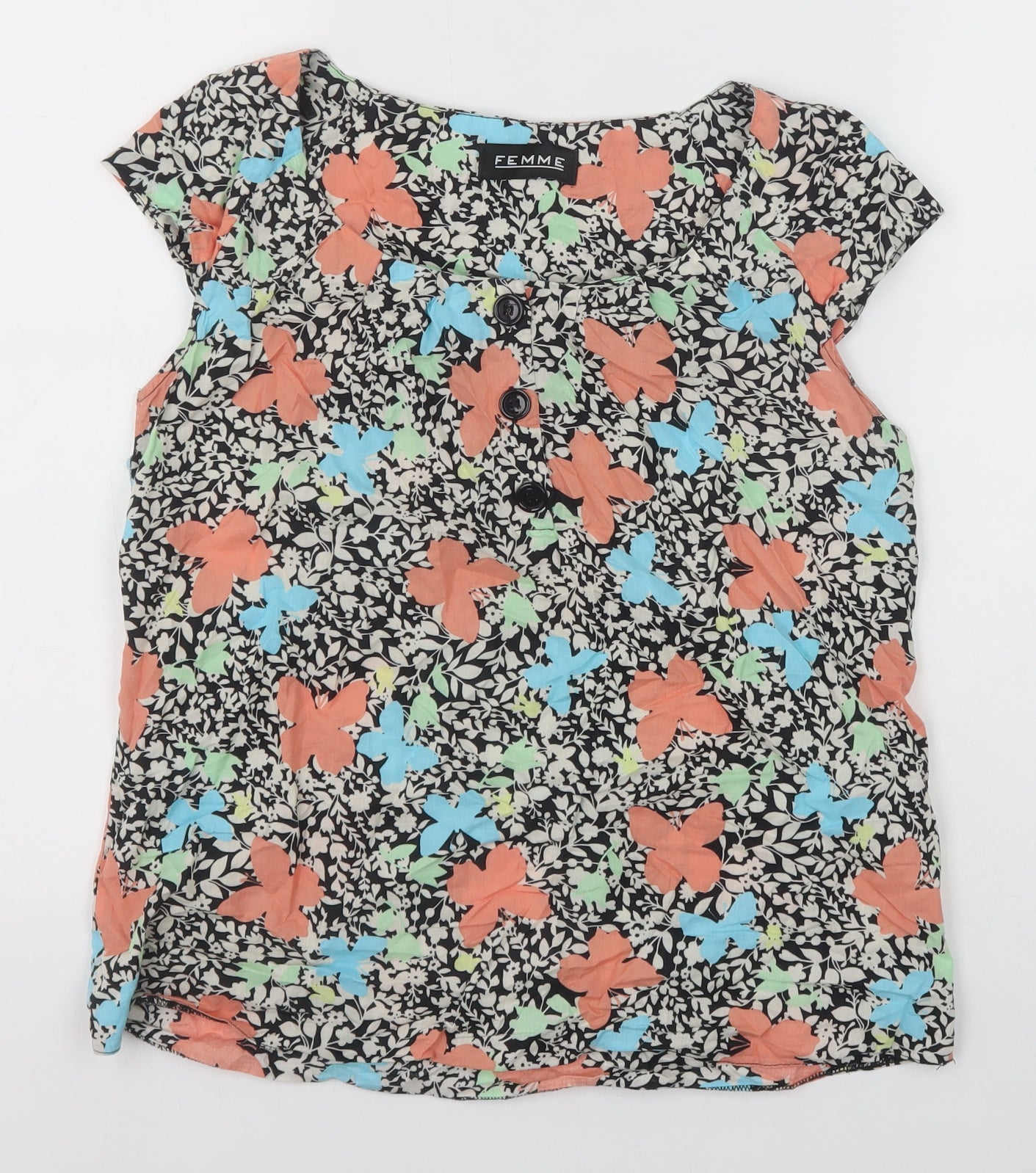 Femme Womens Multicoloured Geometric 100% Cotton Basic Blouse Size 12 Round Neck - Butterfly Print