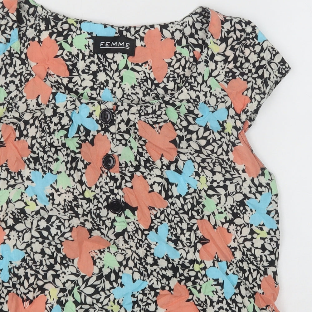 Femme Womens Multicoloured Geometric 100% Cotton Basic Blouse Size 12 Round Neck - Butterfly Print