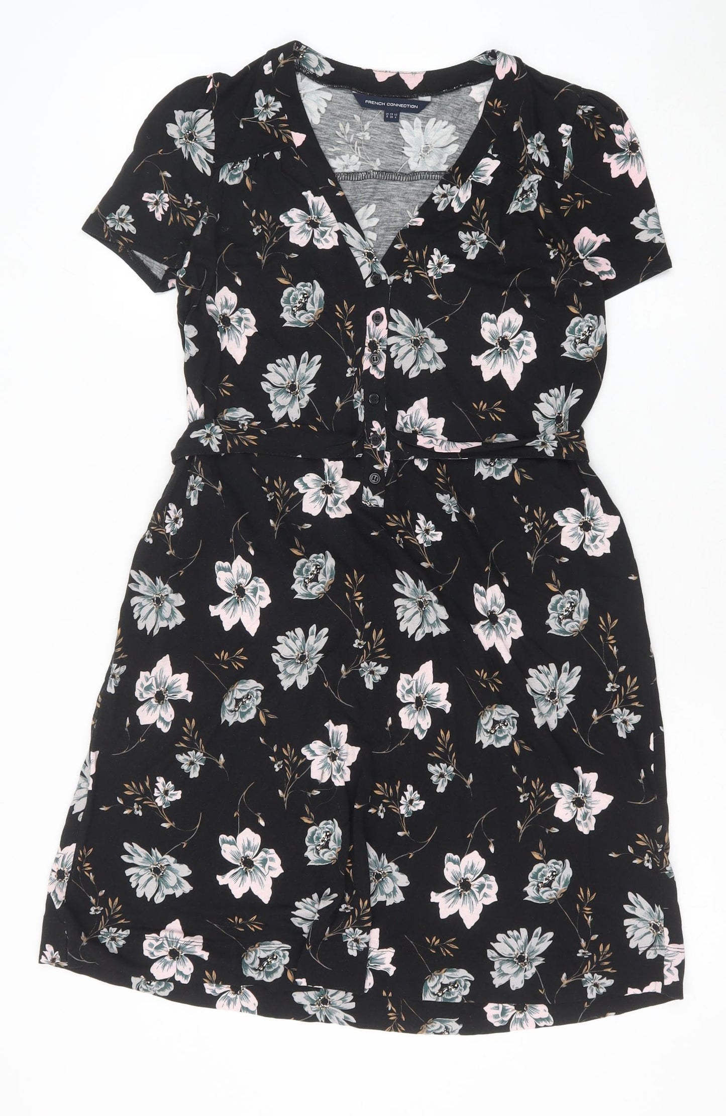 French Connection Womens Black Floral Viscose A-Line Size 8 V-Neck Button