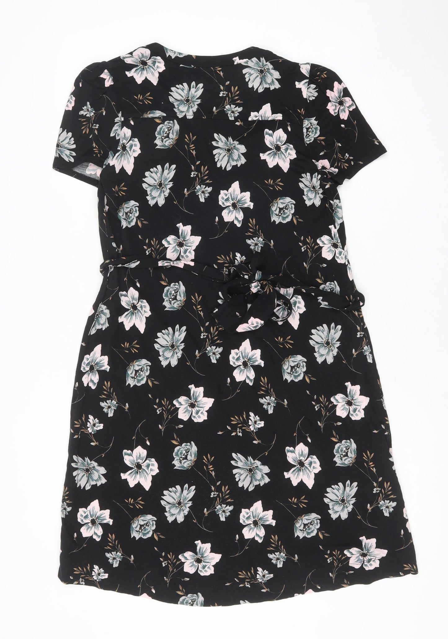 French Connection Womens Black Floral Viscose A-Line Size 8 V-Neck Button