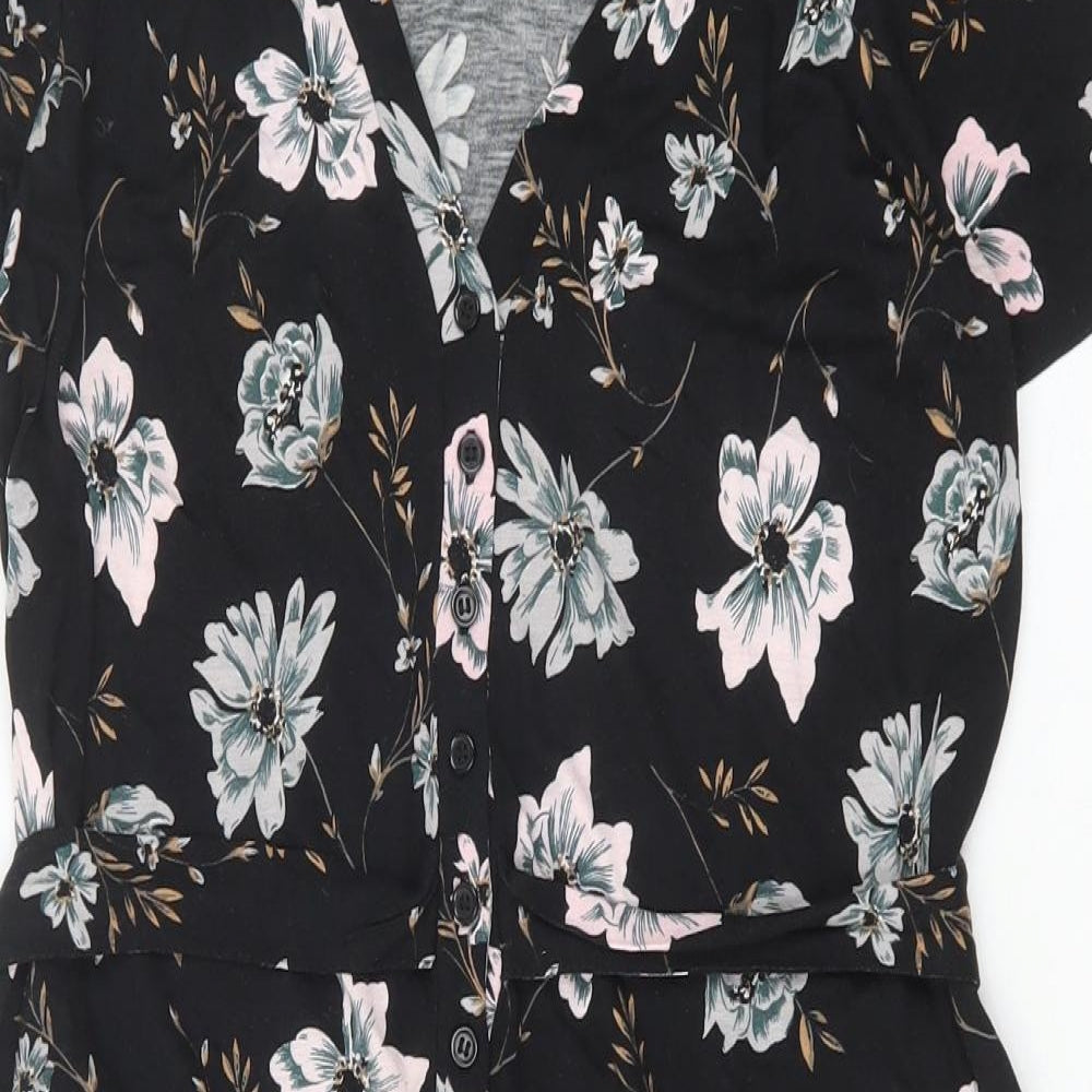 French Connection Womens Black Floral Viscose A-Line Size 8 V-Neck Button