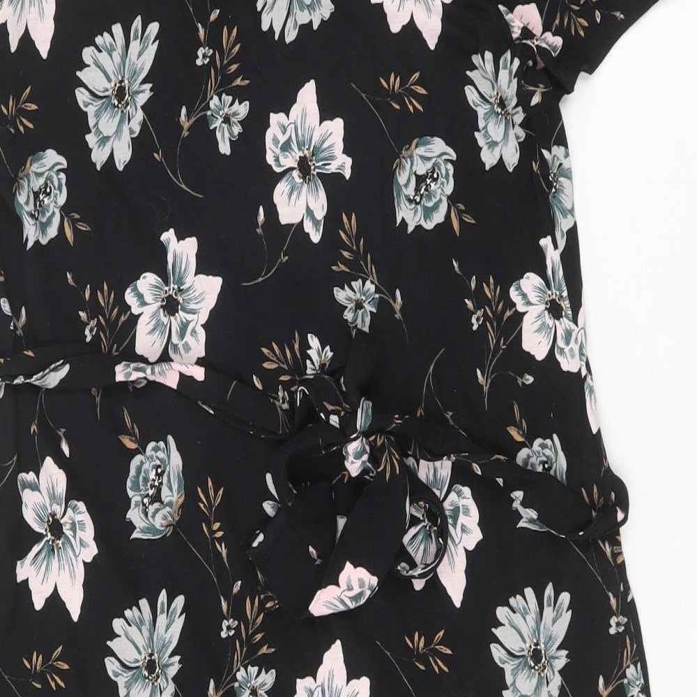 French Connection Womens Black Floral Viscose A-Line Size 8 V-Neck Button
