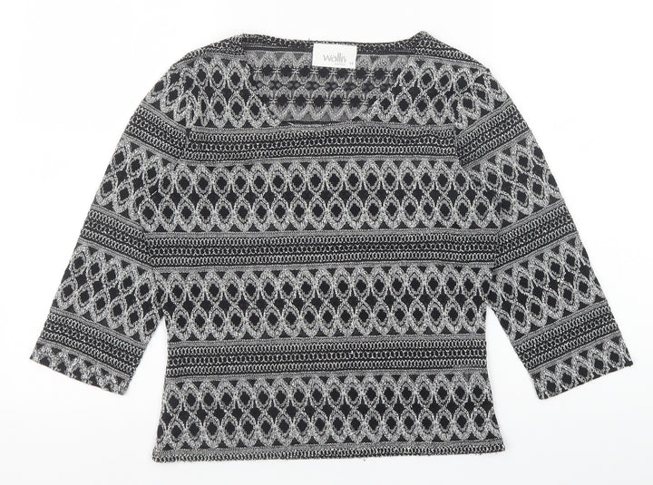 Wallis Womens Black Geometric Polyester Basic Blouse Size 14 Scoop Neck