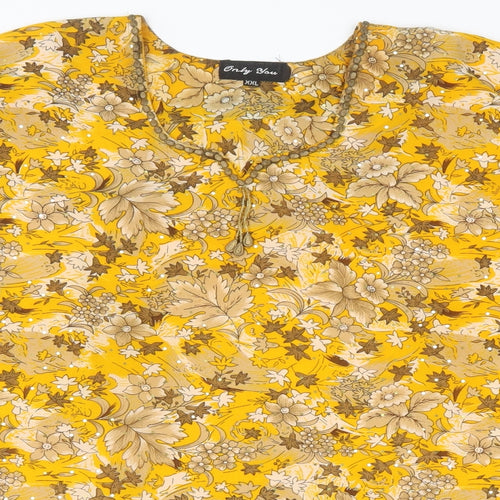 Only You Womens Yellow Floral Polyester Tunic Blouse Size 2XL Scoop Neck