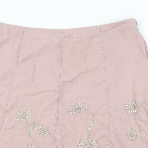 NEXT Womens Pink Floral Linen Swing Skirt Size 14 Zip