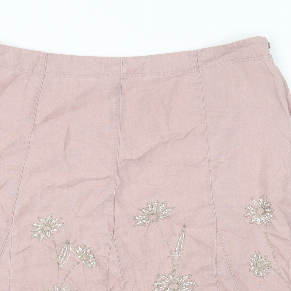 NEXT Womens Pink Floral Linen Swing Skirt Size 14 Zip