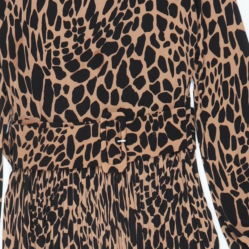 Warehouse Womens Brown Geometric Polyester A-Line Size 10 Round Neck Buckle