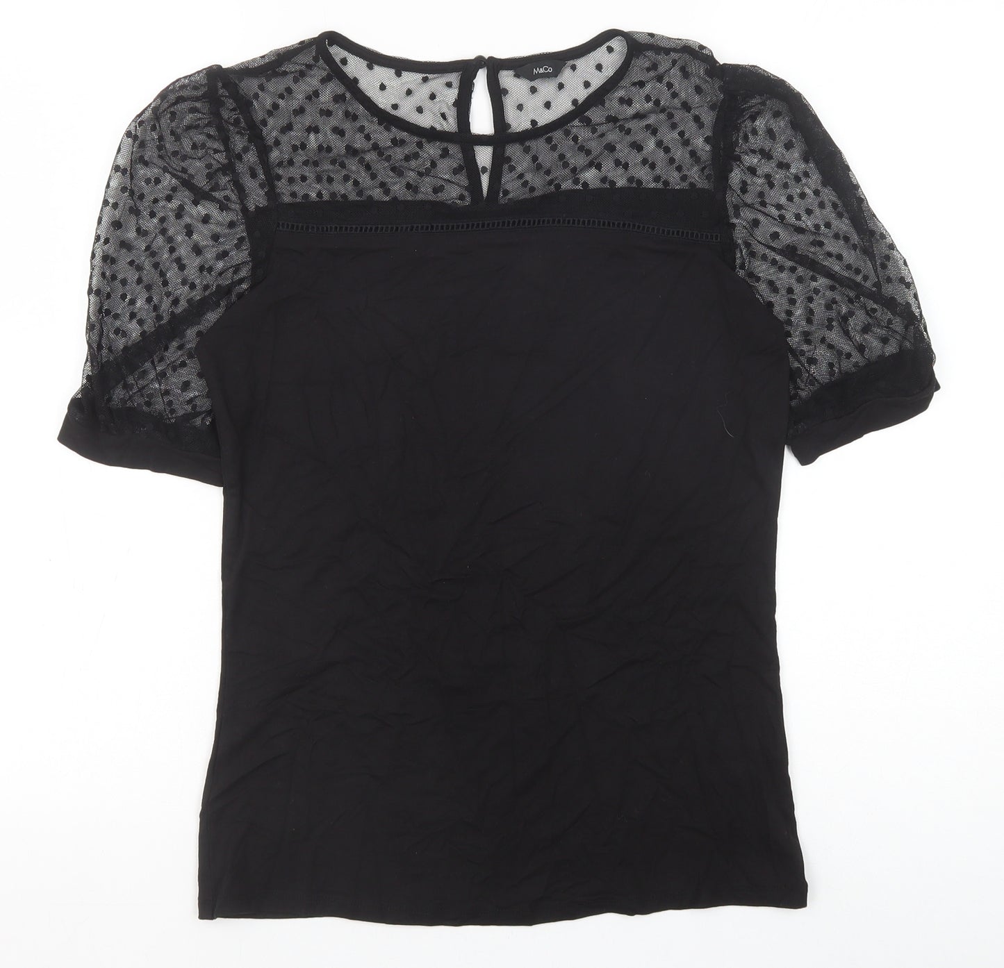 M&Co Womens Black Polka Dot Viscose Basic T-Shirt Size 10 Boat Neck - Mesh Sleeve