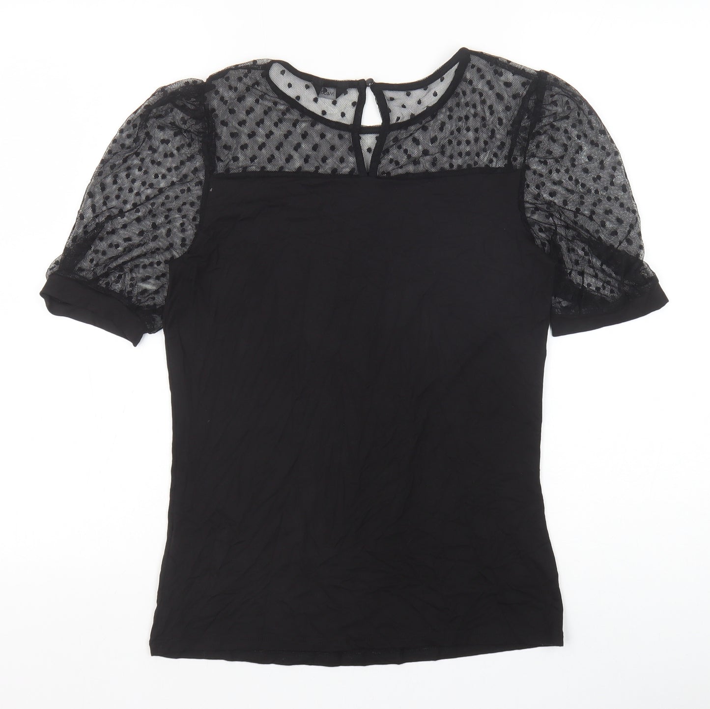 M&Co Womens Black Polka Dot Viscose Basic T-Shirt Size 10 Boat Neck - Mesh Sleeve