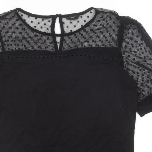 M&Co Womens Black Polka Dot Viscose Basic T-Shirt Size 10 Boat Neck - Mesh Sleeve