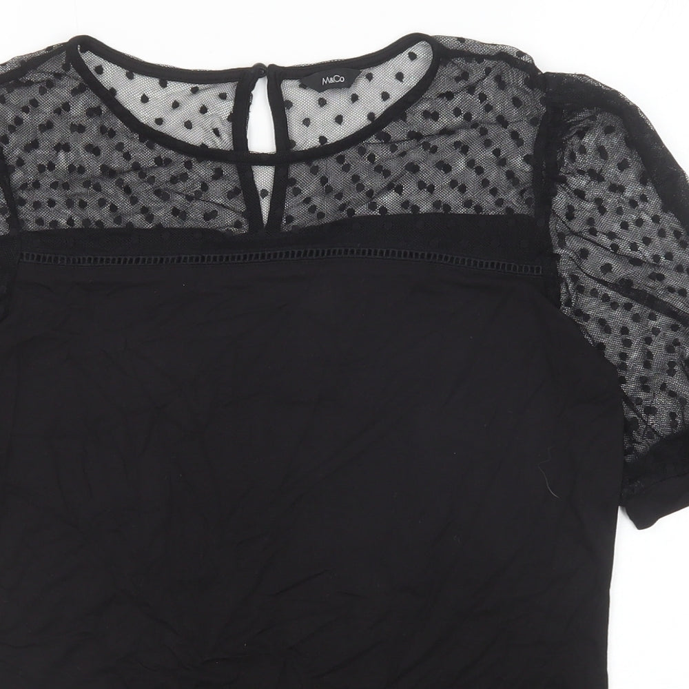 M&Co Womens Black Polka Dot Viscose Basic T-Shirt Size 10 Boat Neck - Mesh Sleeve