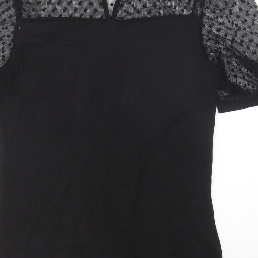 M&Co Womens Black Polka Dot Viscose Basic T-Shirt Size 10 Boat Neck - Mesh Sleeve