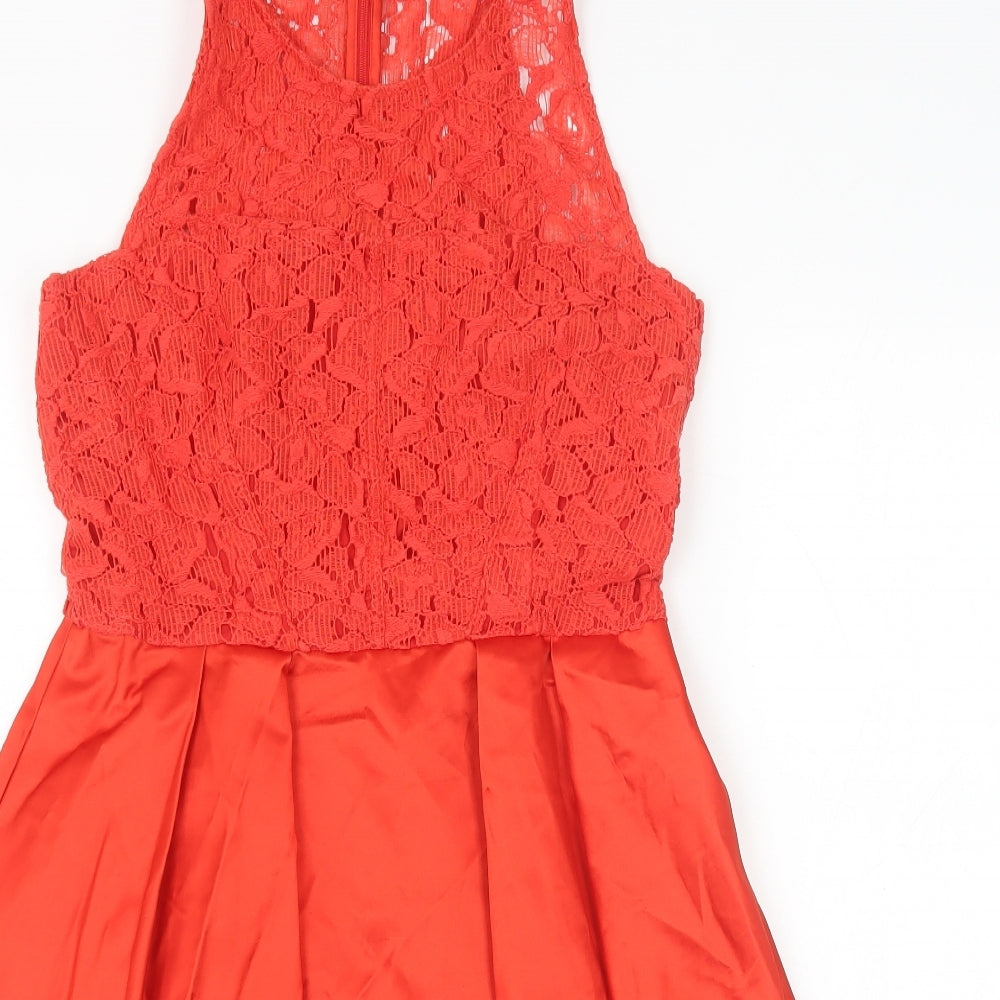 Karen Millen Womens Red Cotton Skater Dress Size 12 Round Neck Zip