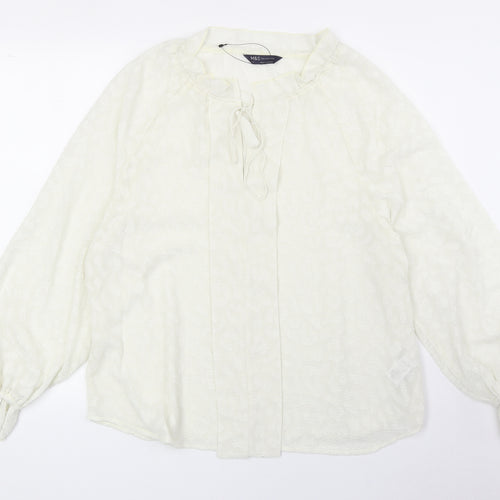 Marks and Spencer Womens Ivory Animal Print Polyester Basic Blouse Size 14 Scoop Neck - Leopard Print Tie Neck Detail