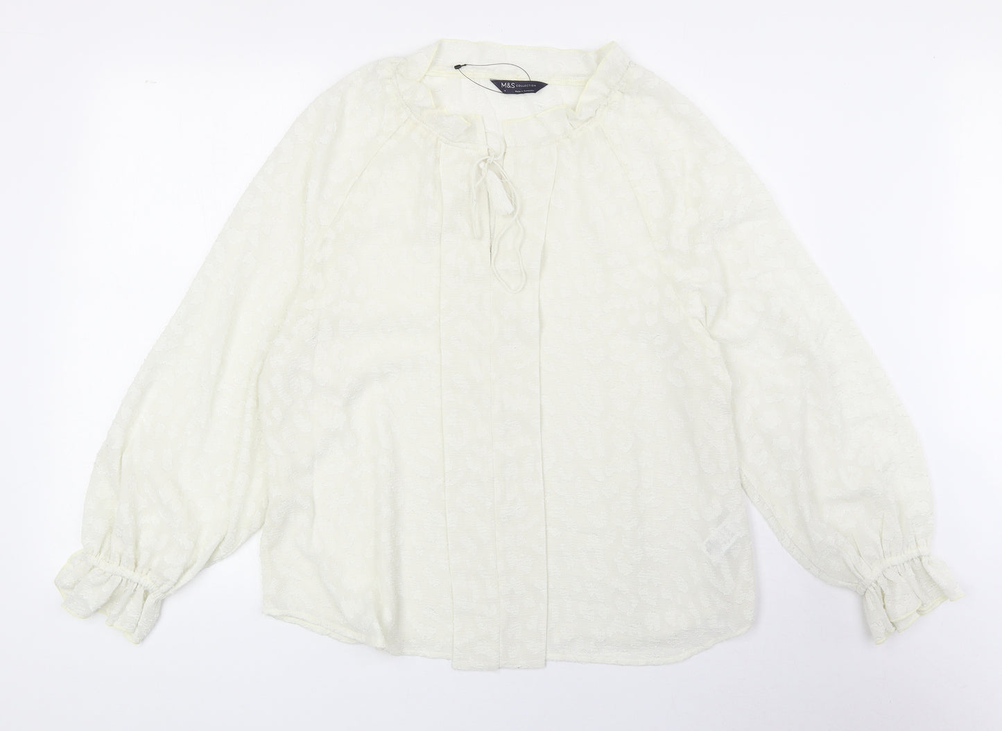 Marks and Spencer Womens Ivory Animal Print Polyester Basic Blouse Size 14 Scoop Neck - Leopard Print Tie Neck Detail