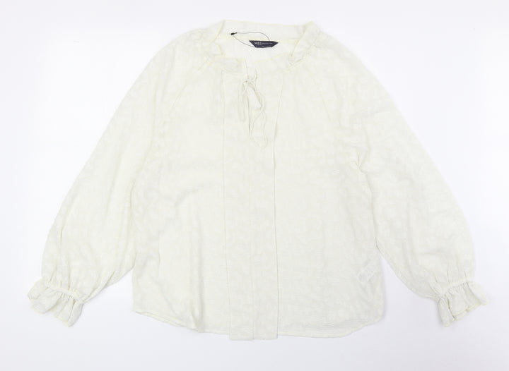 Marks and Spencer Womens Ivory Animal Print Polyester Basic Blouse Size 14 Scoop Neck - Leopard Print Tie Neck Detail