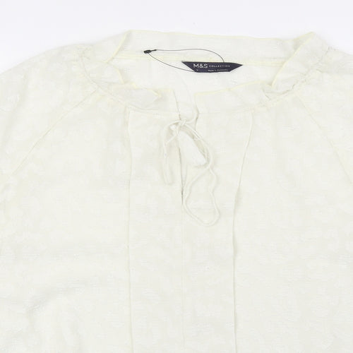 Marks and Spencer Womens Ivory Animal Print Polyester Basic Blouse Size 14 Scoop Neck - Leopard Print Tie Neck Detail