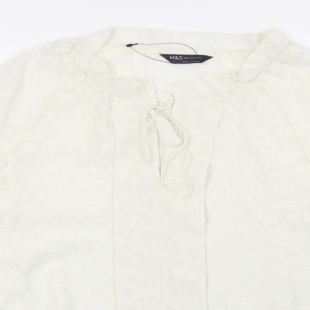 Marks and Spencer Womens Ivory Animal Print Polyester Basic Blouse Size 14 Scoop Neck - Leopard Print Tie Neck Detail