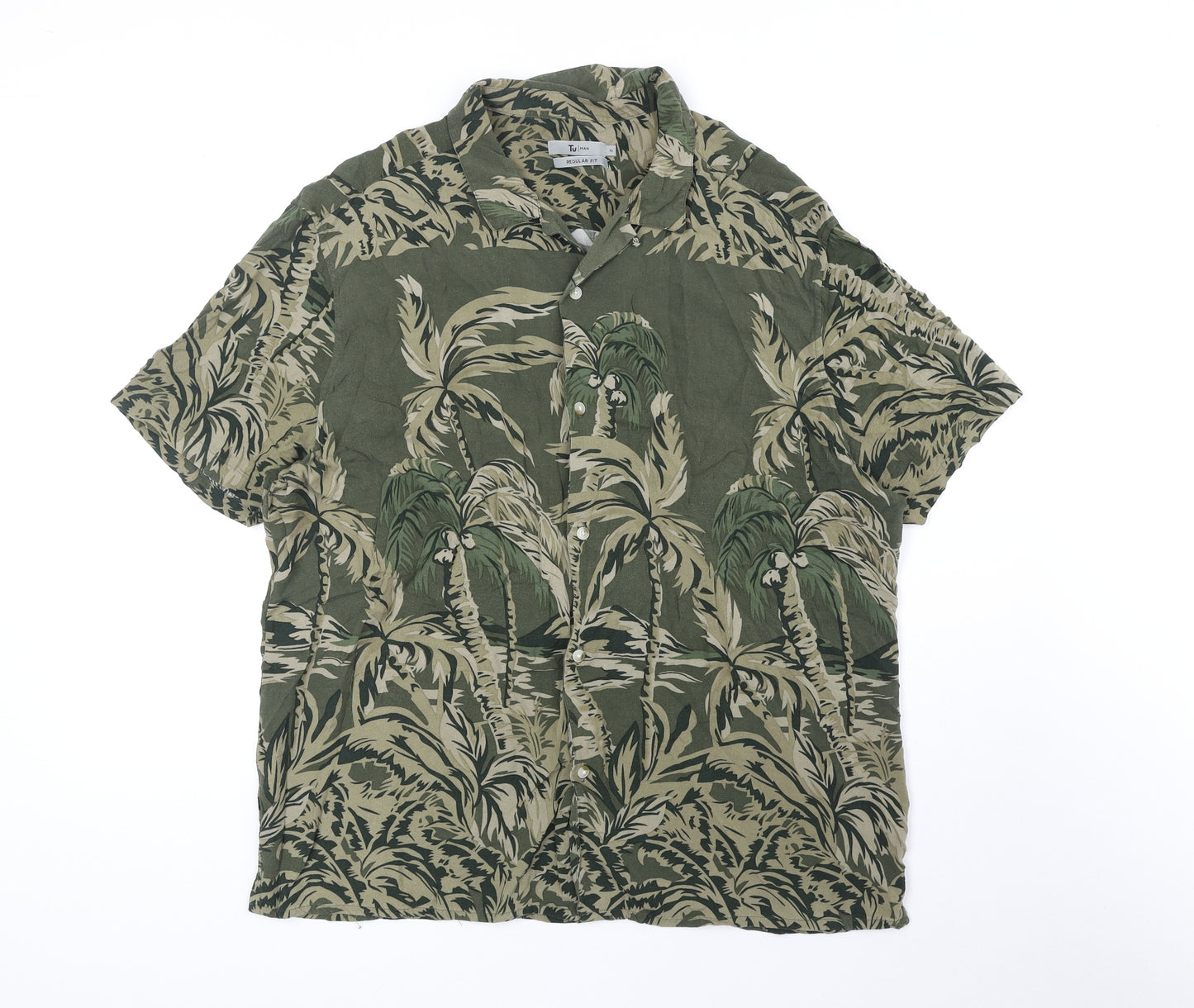 TU Mens Green Geometric Viscose Button-Up Size XL Collared Button - Palm Tree