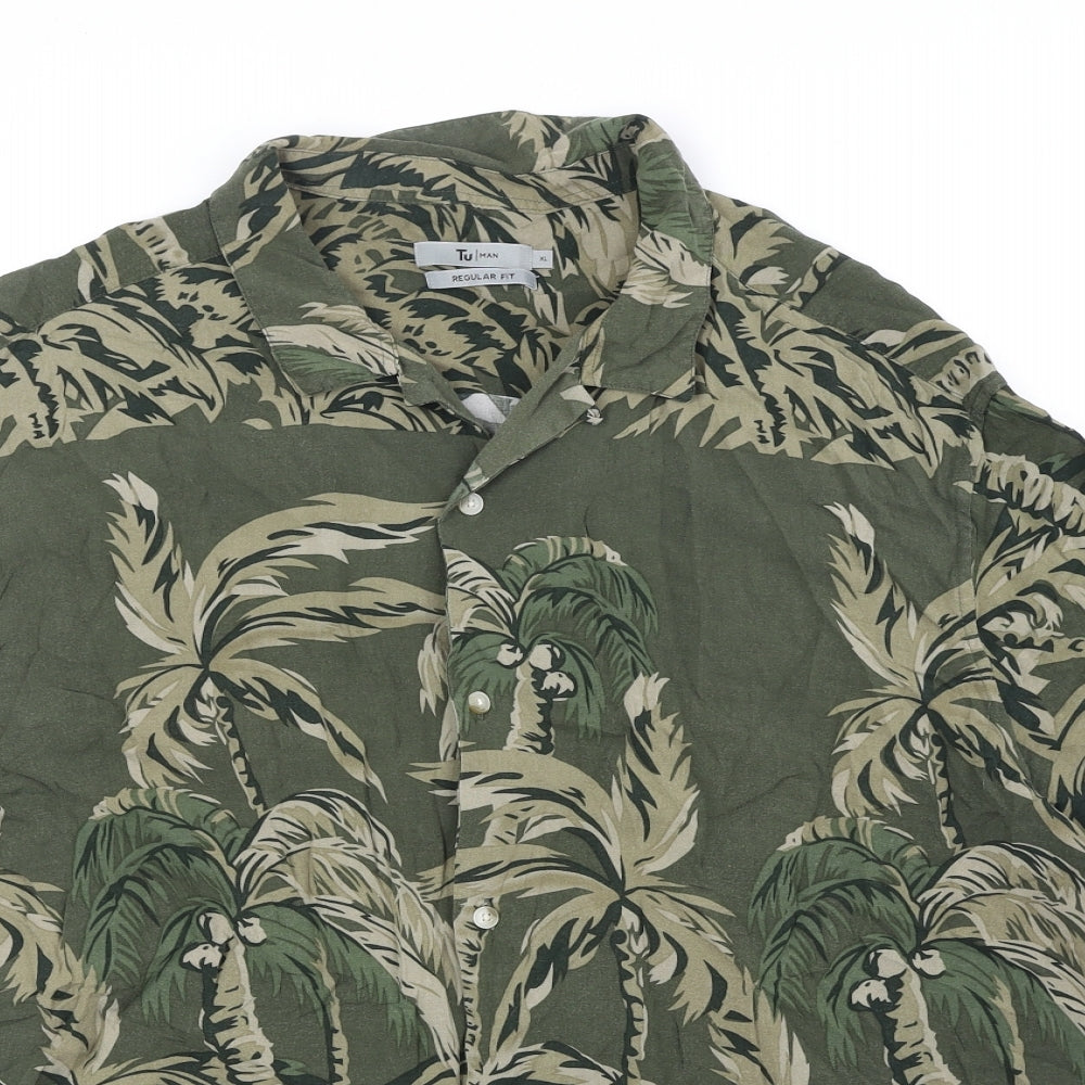 TU Mens Green Geometric Viscose Button-Up Size XL Collared Button - Palm Tree