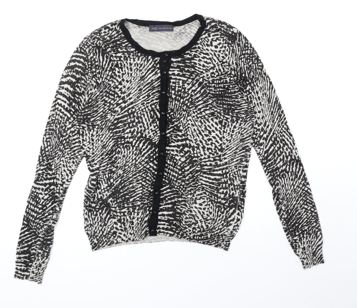 Marks and Spencer Womens Black Scoop Neck Geometric Viscose Cardigan Jumper Size 12