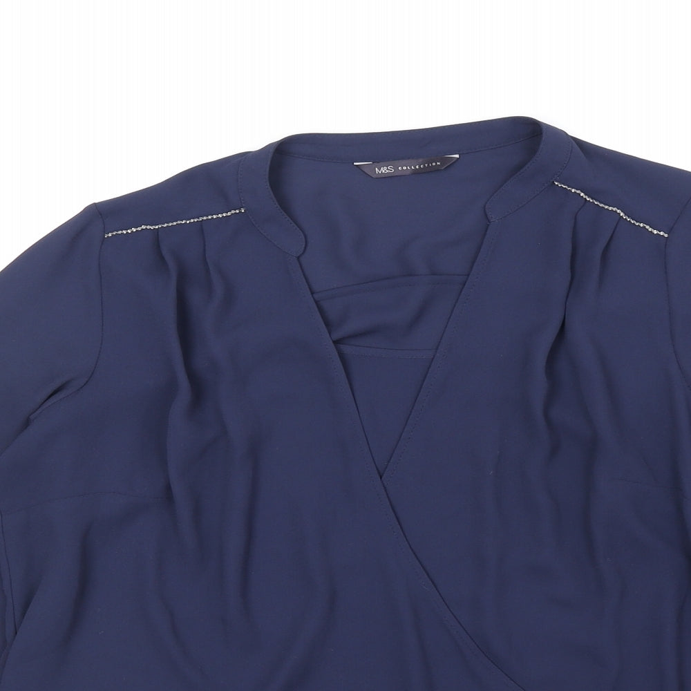 Marks and Spencer Womens Blue Polyester Basic Blouse Size 8 V-Neck