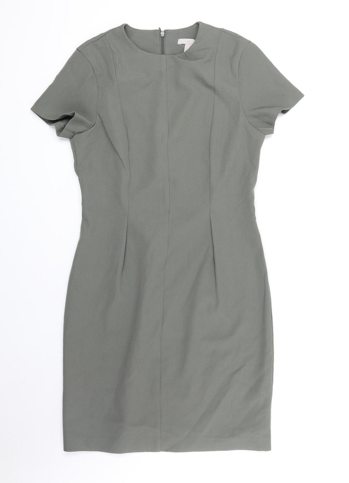 H&M Womens Green Polyester Shift Size 12 Round Neck Zip