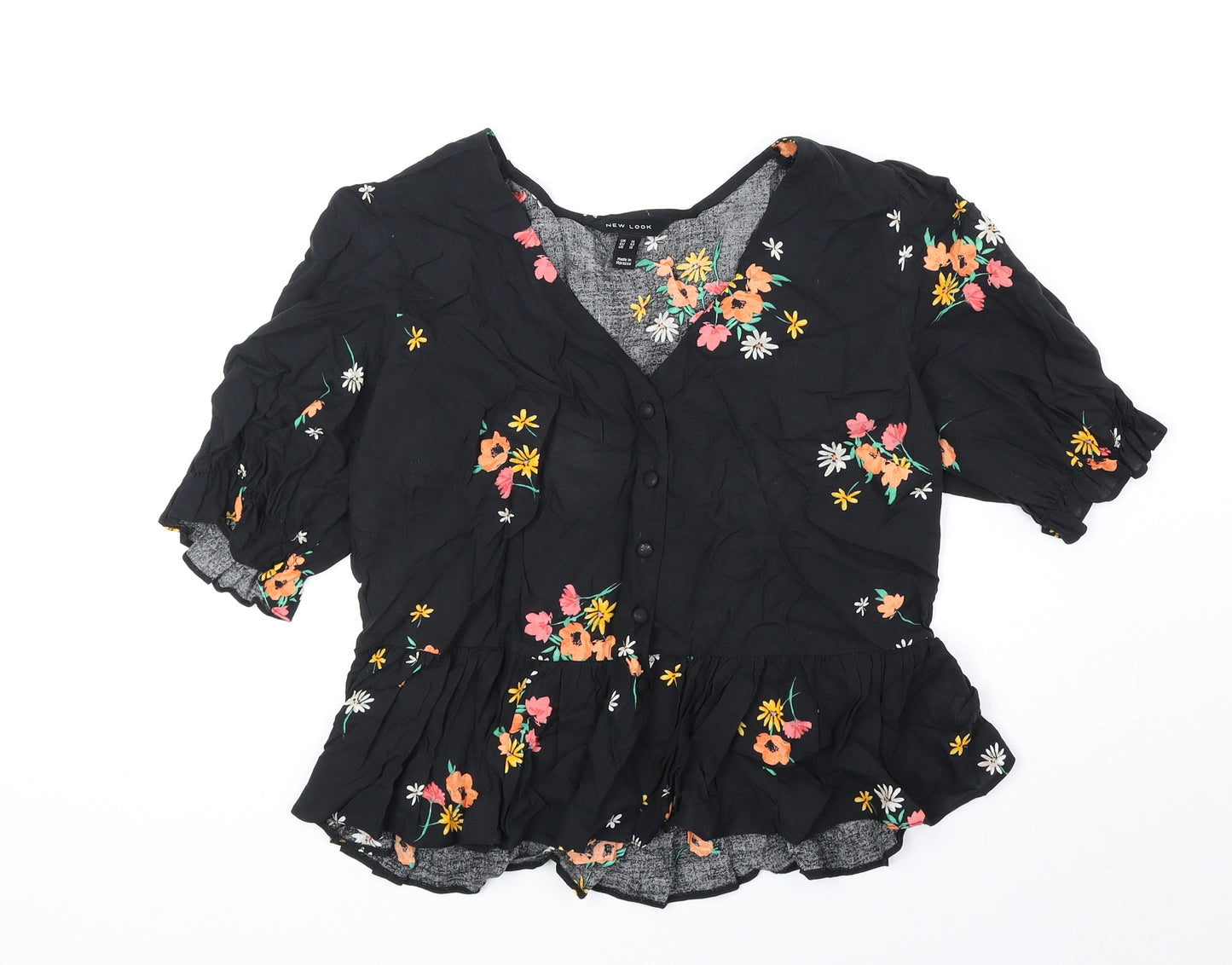 New Look Womens Black Floral Viscose Basic Blouse Size 14 V-Neck