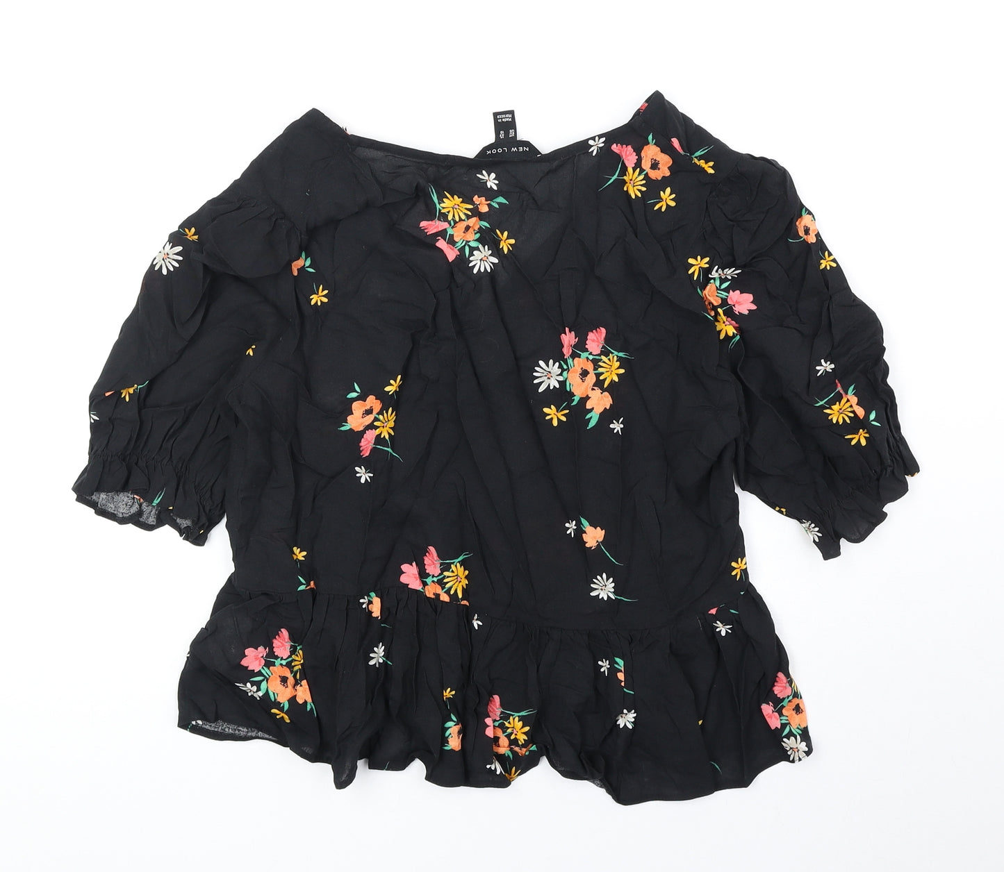 New Look Womens Black Floral Viscose Basic Blouse Size 14 V-Neck