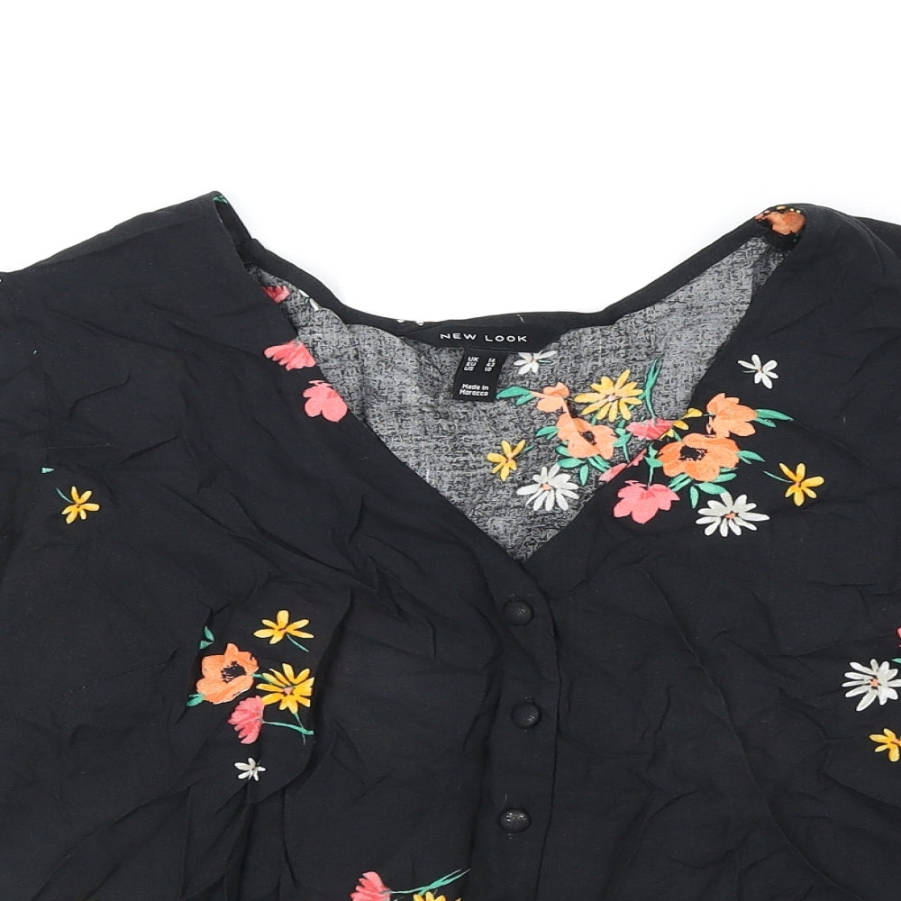 New Look Womens Black Floral Viscose Basic Blouse Size 14 V-Neck