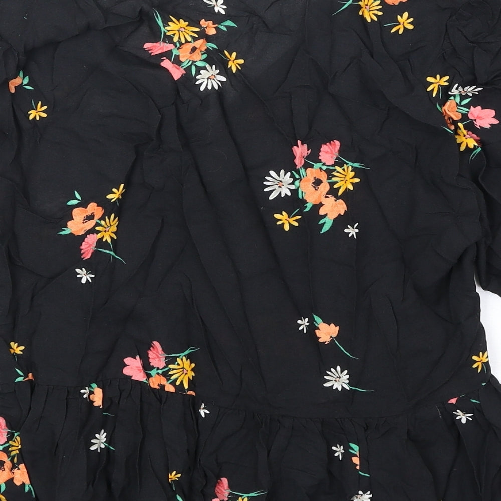 New Look Womens Black Floral Viscose Basic Blouse Size 14 V-Neck