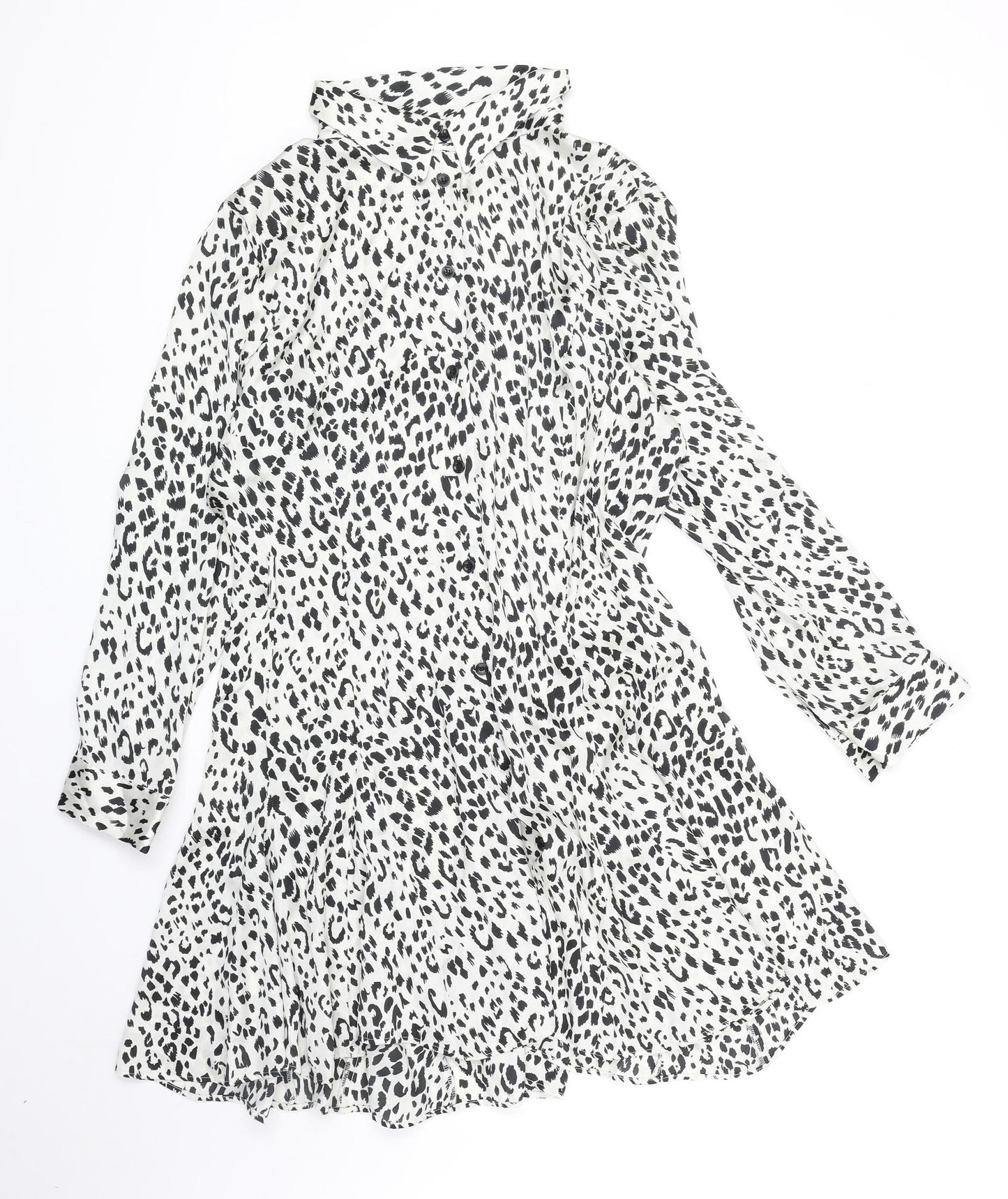 Zara Womens White Animal Print Polyester Shirt Dress Size L Collared Button - Leopard Pattern
