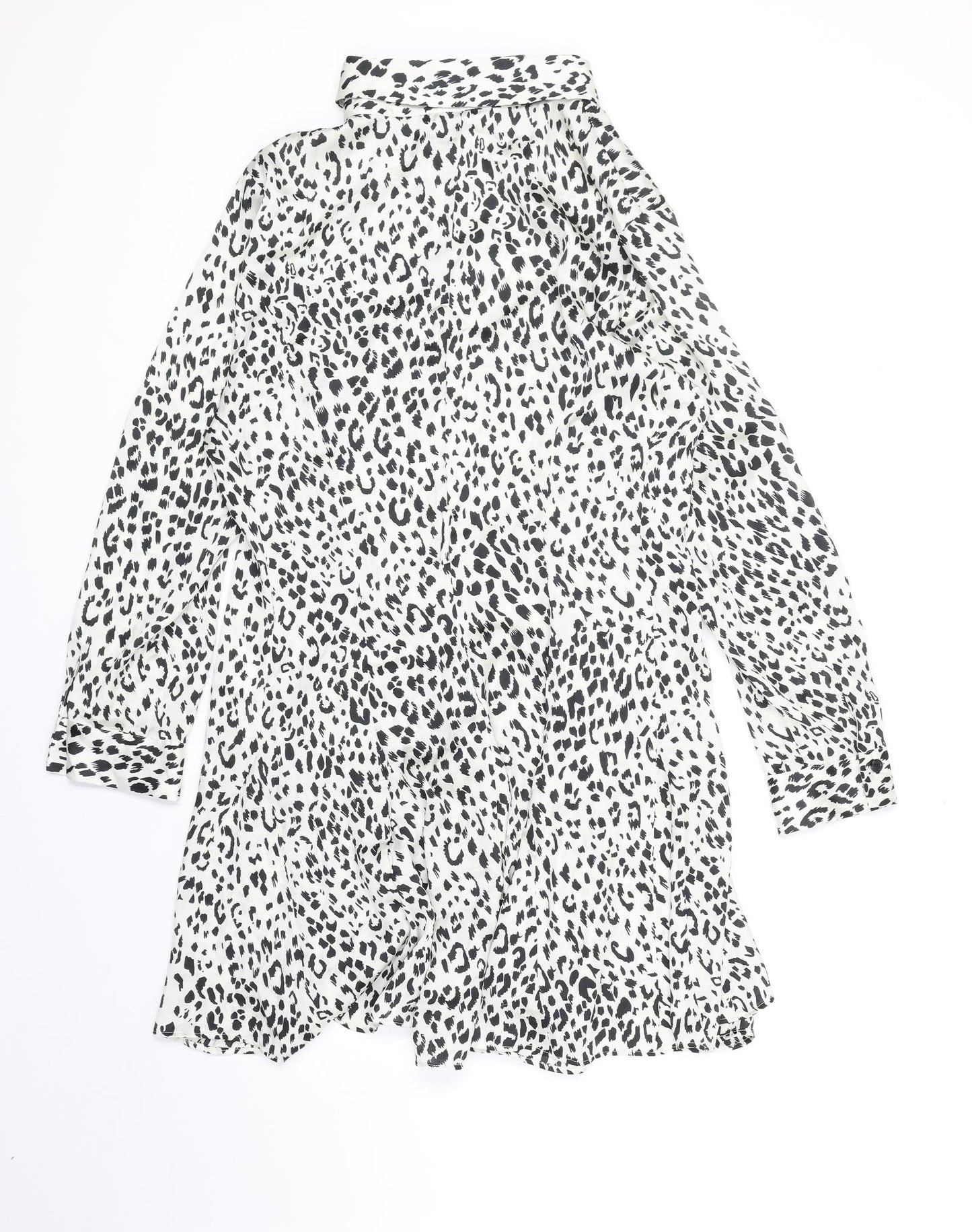 Zara Womens White Animal Print Polyester Shirt Dress Size L Collared Button - Leopard Pattern