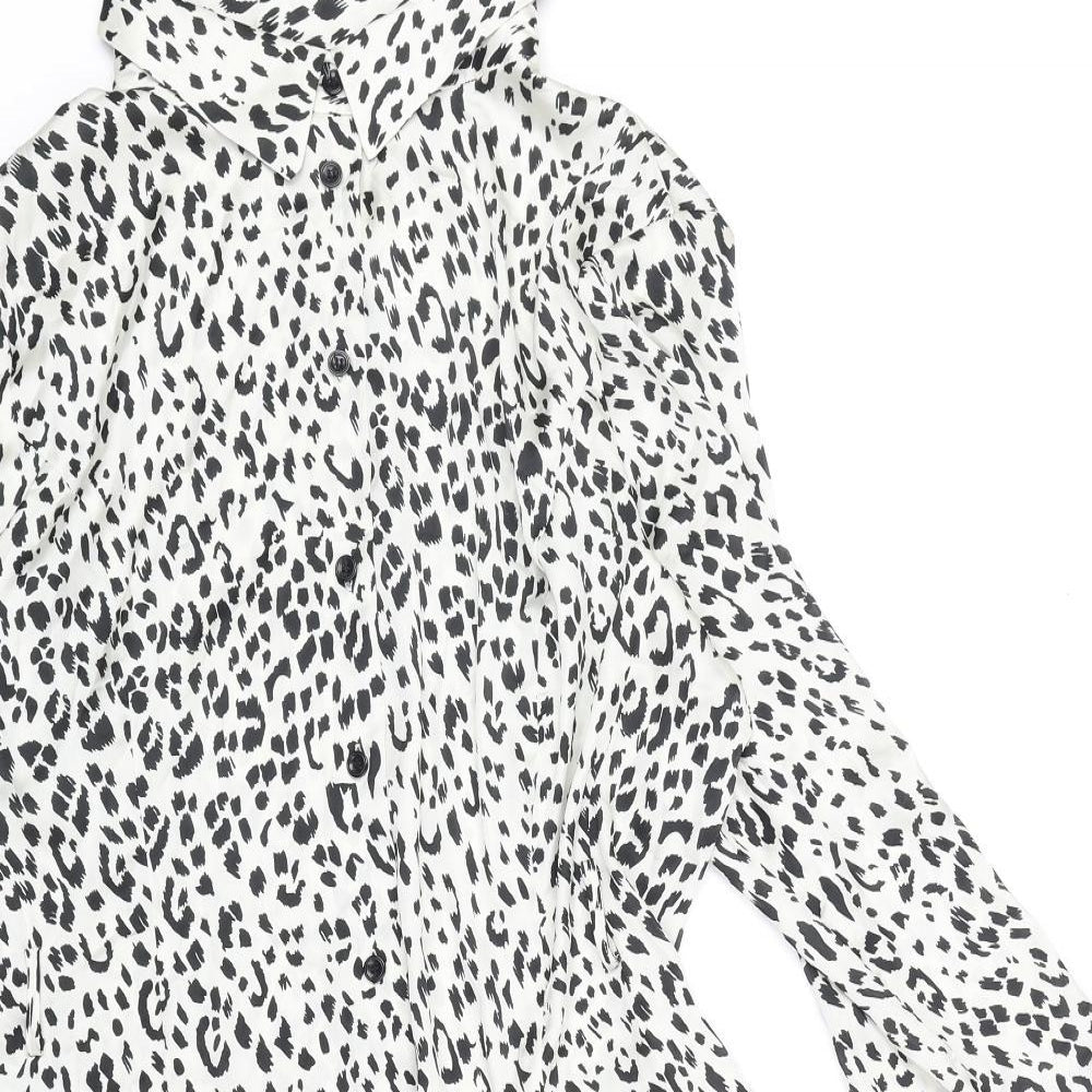 Zara Womens White Animal Print Polyester Shirt Dress Size L Collared Button - Leopard Pattern